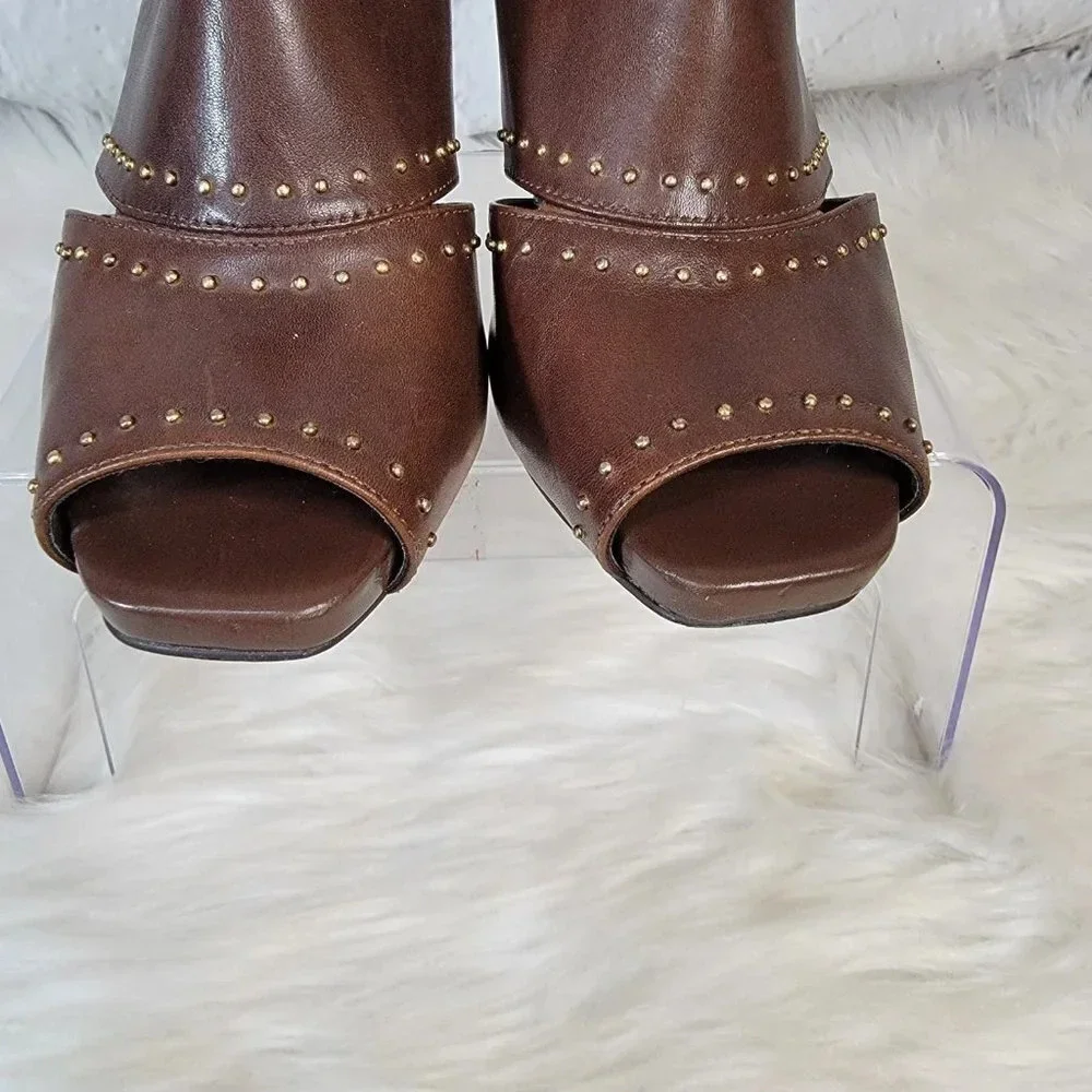 FRANCO SARTO Brown High Heel Booties Zipper Ankle Boot Leather 8M Shoe Peep‎ Toe